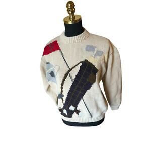 Vintage Babe Didrikson Golf Motif Sweater Cream 100% Cotton Size Large